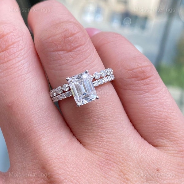 Stunning 3.00 TW Emerald Cut Colorless Moissanite Engagement Ring with Full Eternity Wedding Band, Bridal Set, Anniversary Gift For Her