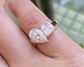 Bague toi et moi, 3,00 TW princesse et bague en moissanite poire, bague de fiançailles deux pierres, alliance, cadeau d'anniversaire pour elle, parure de mariage