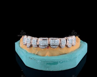 Princesa y corte redondo Moissanite VVS Dientes personalizados Ajuste invisible Grillz Iced Perm Cut Moissanite Diamond 10 en 10 dientes Grillz 925 Plata