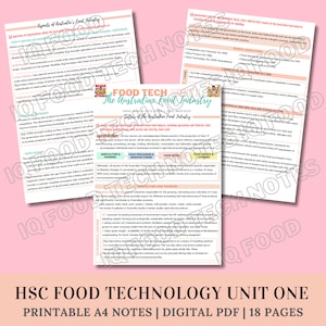 Op de afbeelding: Een set met printbare notities voor een eenheid in voedseltechnologie op de middelbare school. De notities zijn getiteld "HSC Food Technology Unit One" en zijn beschikbaar in zowel printbaar A4-formaat als digitaal PDF-formaat. De notities behandelen de Australische voedselindustrie, inclusief de sectoren, regelgeving en milieukwesties.