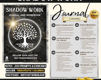 May include: A journal and workbook titled "Shadow Work" with a tree of life design. The cover includes the text "Reclaim Your Light for Self Transformation." The journal offers 290 pages of prompts, exercises, and therapeutic coloring, including mandala coloring therapy.