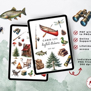 May include: A digital sticker set featuring illustrations of cabin life, including a canoe, a cabin, a campfire, a raccoon, a dragonfly, a fishing rod, a tree, a pile of logs, a flashlight, and a duck. The stickers are 300 dpi and come with a PDF with links to individual PNG files.