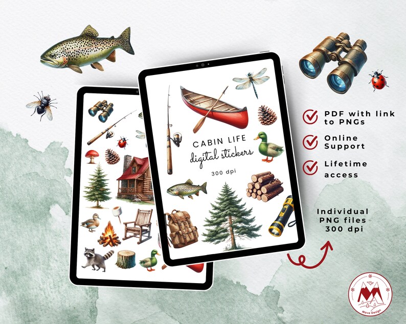 May include: A digital sticker set featuring illustrations of cabin life, including a canoe, a cabin, a campfire, a raccoon, a dragonfly, a fishing rod, a tree, a pile of logs, a flashlight, and a duck. The stickers are 300 dpi and come with a PDF with links to individual PNG files.