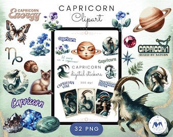 Capricorn Clipart, Capricorn Digital Stickers,Capricorn Png, Aesthetic Zodiac Sign Watercolor Clipart,Capricorn Birthstone,Horoscope Clipart