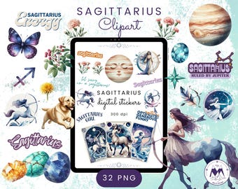 Sagittarius Clipart, Sagittarius Digital Stickers,  Aesthetic Zodiac Sign Watercolor Clipart, Sagittarius Birthstone, Horoscope Clipart