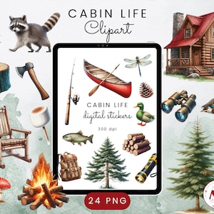 May include: A set of 24 digital stickers featuring illustrations of cabin life, including a red and white canoe, a wooden cabin, a raccoon, a dragonfly, a pine cone, binoculars, a duck, a campfire, a rocking chair, a fishing rod, a marshmallow, a trout, a backpack, a pine tree, a pile of logs, a flashlight, and a green fir tree. The stickers are 300 dpi and are perfect for adding a touch of nature to your digital projects.