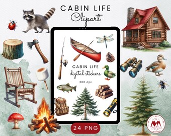 Clipart de vida en la cabaña en acuarela: Pegatinas PNG de camping y pesca (Descarga digital)