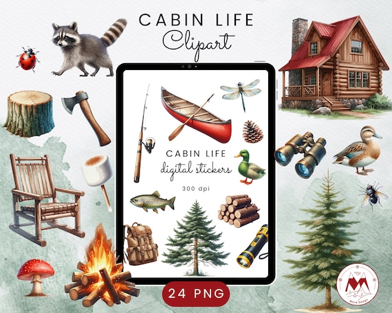 Watercolor Cabin Life Clipart: Camping & Fishing PNG Stickers (Digital Download)
