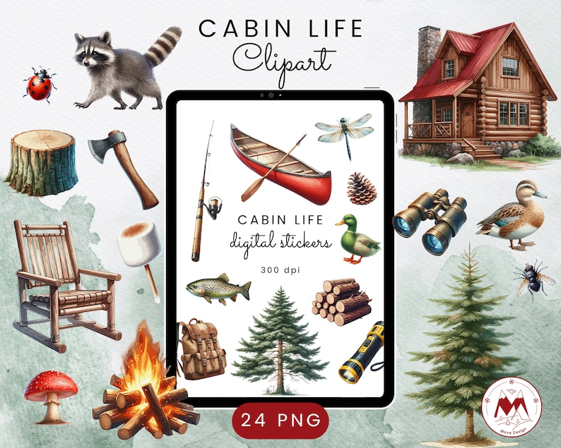 May include: A set of 24 digital stickers featuring illustrations of cabin life, including a red and white canoe, a wooden cabin, a raccoon, a dragonfly, a pine cone, binoculars, a duck, a campfire, a rocking chair, a fishing rod, a marshmallow, a trout, a backpack, a pine tree, a pile of logs, a flashlight, and a green fir tree. The stickers are 300 dpi and are perfect for adding a touch of nature to your digital projects.
