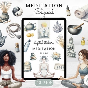 Puede incluir: Un conjunto de 42 ilustraciones digitales en acuarela sobre el tema de la meditaci&oacute;n. El conjunto incluye im&aacute;genes de una esterilla de yoga, una estatua de Buda, un cuenco cant&oacute;n, una mano con un ojo, una botella de agua, una vela, una flor de loto, una mujer meditando, y m&aacute;s.