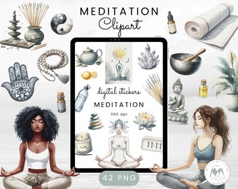 Meditation Clipart, Meditation Png, Meditation Watercolor Digital Stickers, Watercolor Yoga Png,Spiritual Clipart,Mindfulness Clipart Bundle