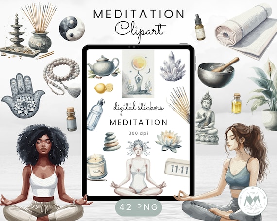 Meditation Clipart, Meditation Png, Meditation Watercolor Digital Stickers, Watercolor Yoga Png,Spiritual Clipart,Mindfulness Clipart Bundle