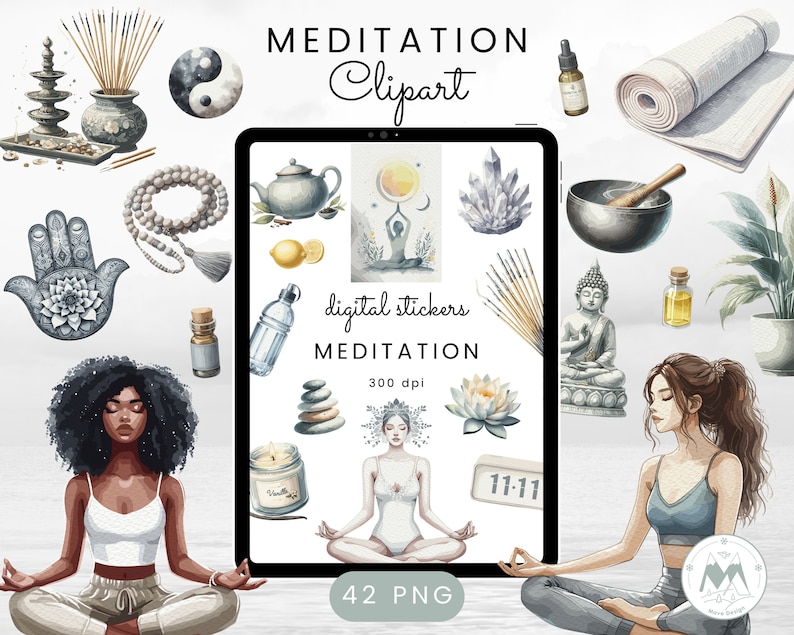 Puede incluir: Un conjunto de 42 ilustraciones digitales en acuarela sobre el tema de la meditaci&oacute;n. El conjunto incluye im&aacute;genes de una esterilla de yoga, una estatua de Buda, un cuenco cant&oacute;n, una mano con un ojo, una botella de agua, una vela, una flor de loto, una mujer meditando, y m&aacute;s.