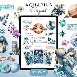 Clipart Verseau, autocollants numériques Verseau, Verseau Png, clipart aquarelle signe du zodiaque esthétique, pierre de naissance Verseau, Horoscope Clipart