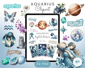 Aquarius Clipart, Aquarius Digital Stickers, Aquarius Png,  Aesthetic Zodiac Sign Watercolor Clipart, Aquarius Birthstone, Horoscope Clipart