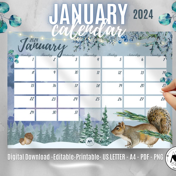 EDITABLE January 2024 Calendar, PRINTABLE January Calendar, New Year 2024 , Planner for Kids, School Home Work Office , Monthly Calendar