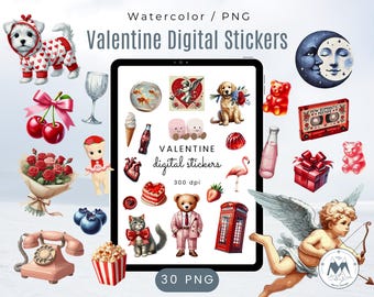 Valentine Clipart, Valentines Day Digital Stickers, Valentine Png, Aesthetic Valentine Watercolor Clipart, Watercolor Digital Stickers