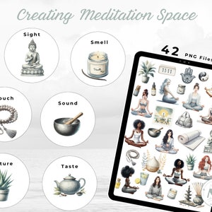 Puede incluir: Una tableta digital que muestra 42 pegatinas digitales para crear un espacio de meditaci&oacute;n. Las pegatinas presentan ilustraciones de un Buda, una vela, un mala, un cuenco cant&oacute;n, una planta de aloe, una tetera, una esterilla de yoga, una bolsa de yoga, una mano con un ojo, un s&iacute;mbolo yin yang y varias personas meditando. El texto "42 archivos PNG" se muestra en la tableta.