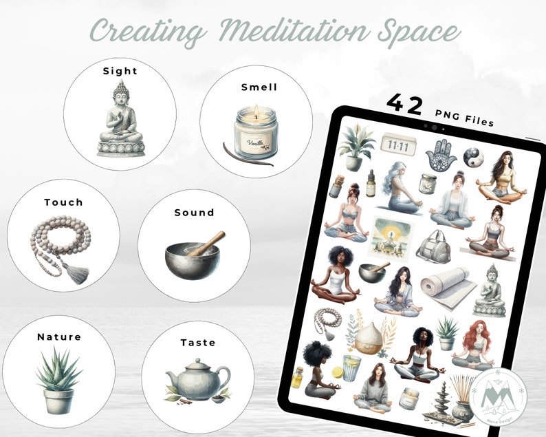 Puede incluir: Una tableta digital que muestra 42 pegatinas digitales para crear un espacio de meditaci&oacute;n. Las pegatinas presentan ilustraciones de un Buda, una vela, un mala, un cuenco cant&oacute;n, una planta de aloe, una tetera, una esterilla de yoga, una bolsa de yoga, una mano con un ojo, un s&iacute;mbolo yin yang y varias personas meditando. El texto "42 archivos PNG" se muestra en la tableta.