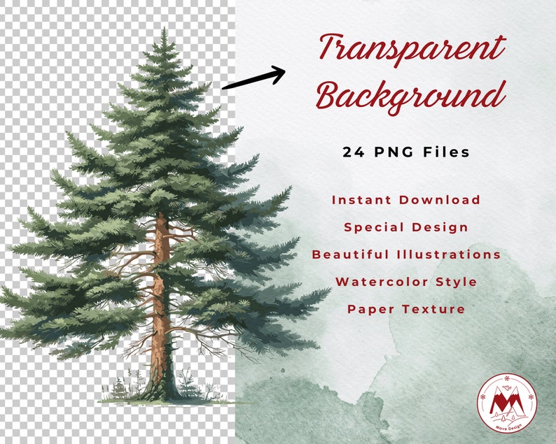 May include: Watercolor illustration of a green pine tree with a brown trunk. The image has a transparent background and is part of a set of 24 PNG files.