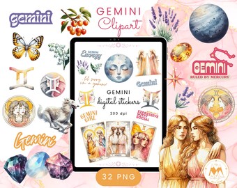 Imágenes prediseñadas de Géminis, pegatinas digitales de Géminis, Géminis Png, imágenes prediseñadas de acuarela de signo del zodíaco estético, piedra de nacimiento de Géminis, imágenes prediseñadas del horóscopo