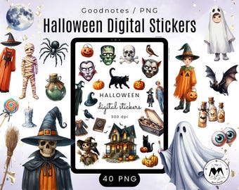 Watercolor Halloween Digital Stickers: Goodnotes PNG Clipart (40 Stickers)