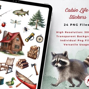 May include: A set of 24 digital stickers featuring illustrations of cabin life, including a cabin, a raccoon, a canoe, a campfire, a rocking chair, a backpack, a compass, a fishing rod, a tree, a log pile, a mushroom, a bird, a dragonfly, a bee, a pine cone, a marshmallow, and a tree stump. The stickers are high resolution and have a transparent background.