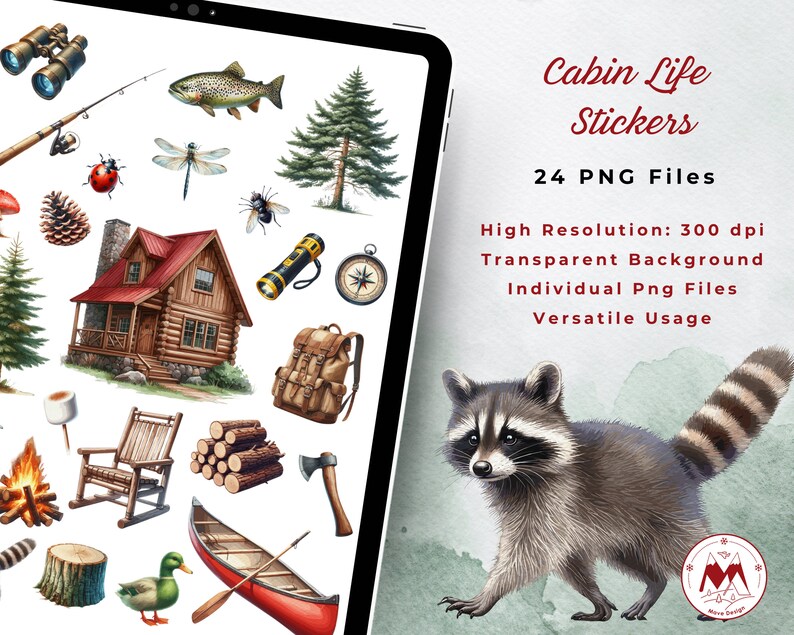May include: A set of 24 digital stickers featuring illustrations of cabin life, including a cabin, a raccoon, a canoe, a campfire, a rocking chair, a backpack, a compass, a fishing rod, a tree, a log pile, a mushroom, a bird, a dragonfly, a bee, a pine cone, a marshmallow, and a tree stump. The stickers are high resolution and have a transparent background.
