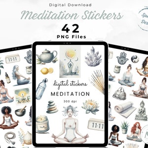 Puede incluir: Un conjunto de 42 pegatinas digitales con ilustraciones de temas de meditaci&oacute;n y mindfulness. Las pegatinas incluyen im&aacute;genes de cristales, velas, posturas de yoga y otros s&iacute;mbolos espirituales. Las pegatinas est&aacute;n dise&ntilde;adas en un estilo acuarela con una paleta de colores azul claro y gris.