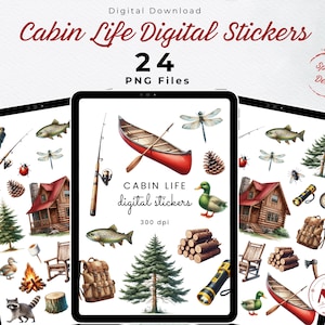 May include: A set of 24 digital stickers featuring illustrations of cabin life, including a red canoe, a fishing rod, a cabin, a raccoon, a dragonfly, a pine tree, a campfire, and a compass. The stickers are 300 dpi and are perfect for adding a touch of nature to your digital projects.
