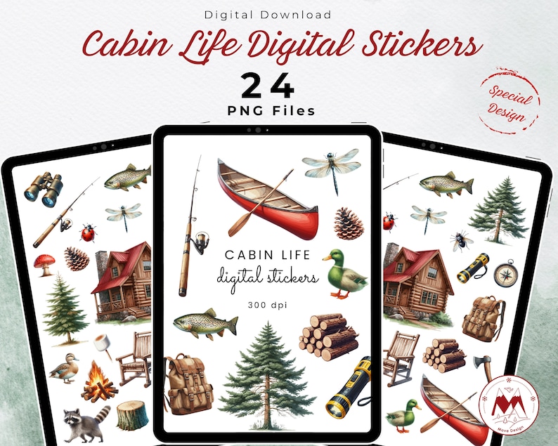 May include: A set of 24 digital stickers featuring illustrations of cabin life, including a red canoe, a fishing rod, a cabin, a raccoon, a dragonfly, a pine tree, a campfire, and a compass. The stickers are 300 dpi and are perfect for adding a touch of nature to your digital projects.