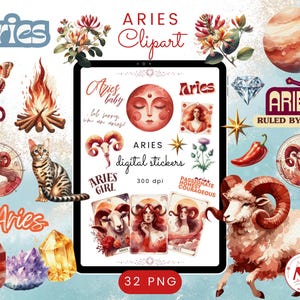 Aries Clipart, Aries Digital Stickers, Aries Png, Aesthetic Zodiac Sign Watercolor Clipart, Birthstone Digital Stickers, Horoscope Clipart