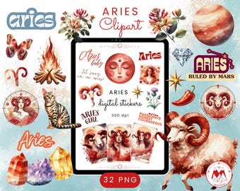 Aries Clipart, Aries Digital Stickers, Aries Png, Aesthetic Zodiac Sign Watercolor Clipart, Birthstone Digital Stickers, Horoscope Clipart