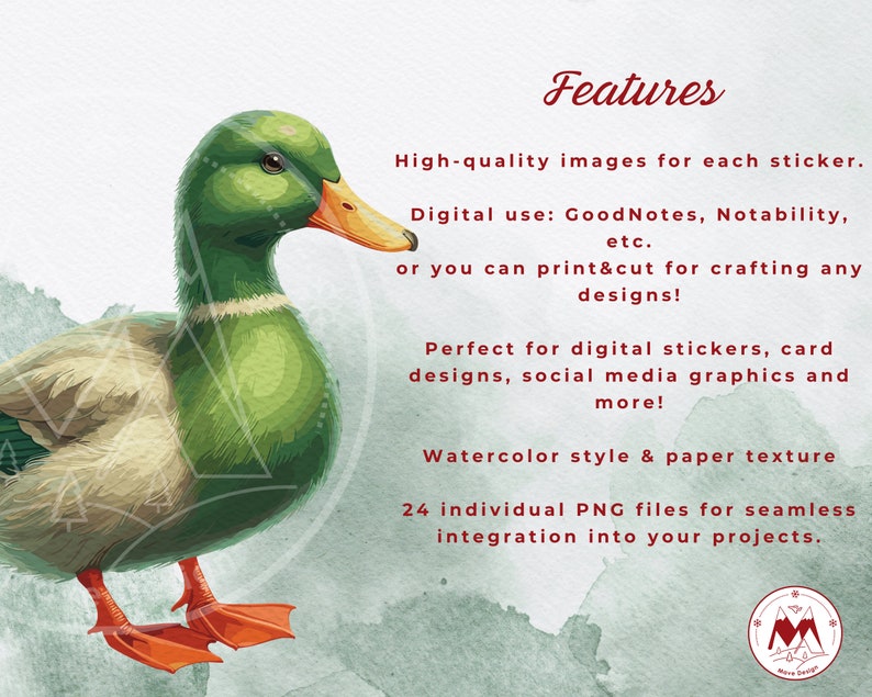 May include: A digital clipart set of 24 individual PNG files featuring a watercolor style illustration of a green duck with an orange beak. The duck is standing on a green and white watercolor background. The image includes the text "Features" and a description of the clipart set.