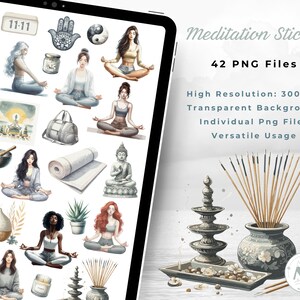 Puede incluir: Un conjunto de 42 pegatinas digitales de meditaci&oacute;n con ilustraciones de personas meditando, posturas de yoga y otros s&iacute;mbolos espirituales. Las pegatinas tienen un fondo transparente y son de alta resoluci&oacute;n, lo que las hace perfectas para agregar un toque de atenci&oacute;n plena a tus proyectos digitales.