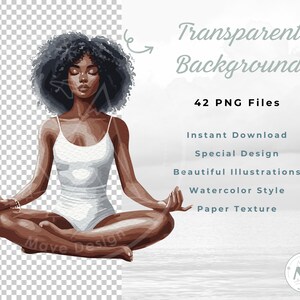 Puede incluir: Una ilustraci&oacute;n digital de una mujer meditando en un traje de ba&ntilde;o blanco. La mujer tiene piel oscura y cabello negro rizado. El fondo es de estilo acuarela con un esquema de color azul claro y blanco. La imagen tiene un fondo transparente.