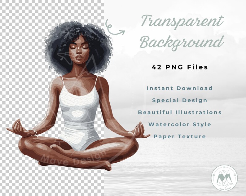 Puede incluir: Una ilustraci&oacute;n digital de una mujer meditando en un traje de ba&ntilde;o blanco. La mujer tiene piel oscura y cabello negro rizado. El fondo es de estilo acuarela con un esquema de color azul claro y blanco. La imagen tiene un fondo transparente.