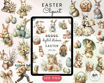 Easter Clipart ,Happy Easter Png, Easter Bunny Watercolor Clipart, Easter Digital Stickers, Vintage-Style Easter PNG, Easter Holiday Clipart