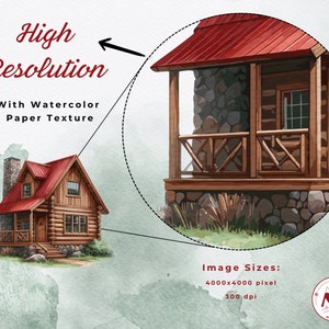 May include: A watercolor illustration of a wooden cabin with a red roof and a stone foundation. The cabin has a porch with a wooden railing and a window. The image is high resolution and has a watercolor paper texture. The image size is 4000x4000 pixels at 300 dpi.