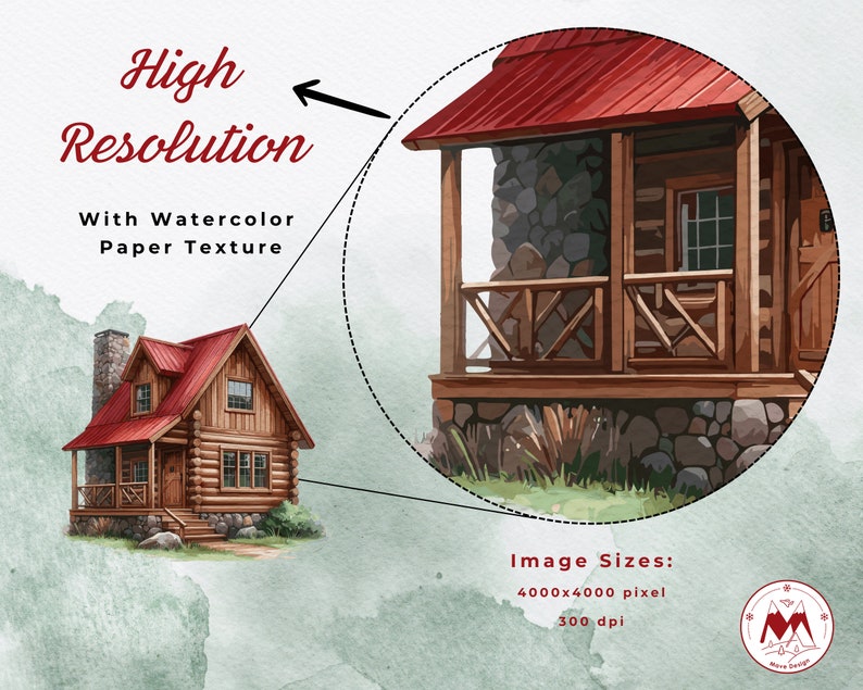 May include: A watercolor illustration of a wooden cabin with a red roof and a stone foundation. The cabin has a porch with a wooden railing and a window. The image is high resolution and has a watercolor paper texture. The image size is 4000x4000 pixels at 300 dpi.
