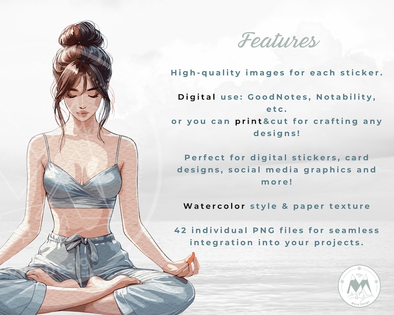 Puede incluir: Una ilustraci&oacute;n digital de una mujer meditando con un atuendo de yoga azul. La imagen tiene un estilo acuarela y una textura de papel. El texto "Features" est&aacute; en la parte superior de la imagen. El texto "High-quality images for each sticker. Digital use: GoodNotes, Notability, etc. or you can print&cut for crafting any designs! Perfect for digital stickers, card designs, social media graphics and more! Watercolor style & paper texture 42 individual PNG files for seamless integration into your projects." est&aacute; debajo de la imagen de la mujer.