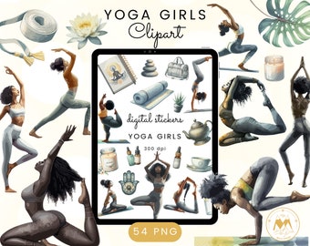 Watercolor Yoga Girls Clipart: Yoga Poses PNG Stickers (Digital Download)
