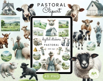 Pastoral Clipart, Farm Animals Watercolor Clipart, Farm Life Digital Stickers, Shepherd Png, Sheep PNG, Cow PNG,Countryside Digital Stickers