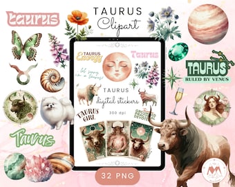 Taurus Clipart, Taurus Digital Stickers, Taurus Png,  Aesthetic Zodiac Sign Watercolor Clipart,Birthstone Digital Stickers,Horoscope Clipart