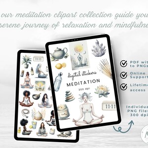 Puede incluir: Pegatinas digitales con ilustraciones de acuarela sobre temas de meditaci&oacute;n y mindfulness. Las pegatinas incluyen im&aacute;genes de cristales, velas, flores de loto y personas meditando. El texto "digital stickers MEDITATION 300 dpi" se muestra en la imagen.