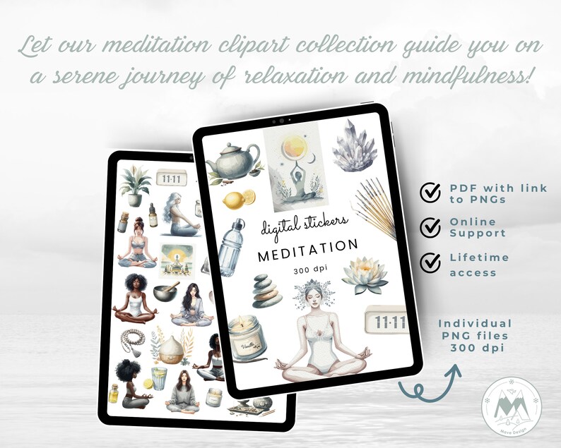 Puede incluir: Pegatinas digitales con ilustraciones de acuarela sobre temas de meditaci&oacute;n y mindfulness. Las pegatinas incluyen im&aacute;genes de cristales, velas, flores de loto y personas meditando. El texto "digital stickers MEDITATION 300 dpi" se muestra en la imagen.