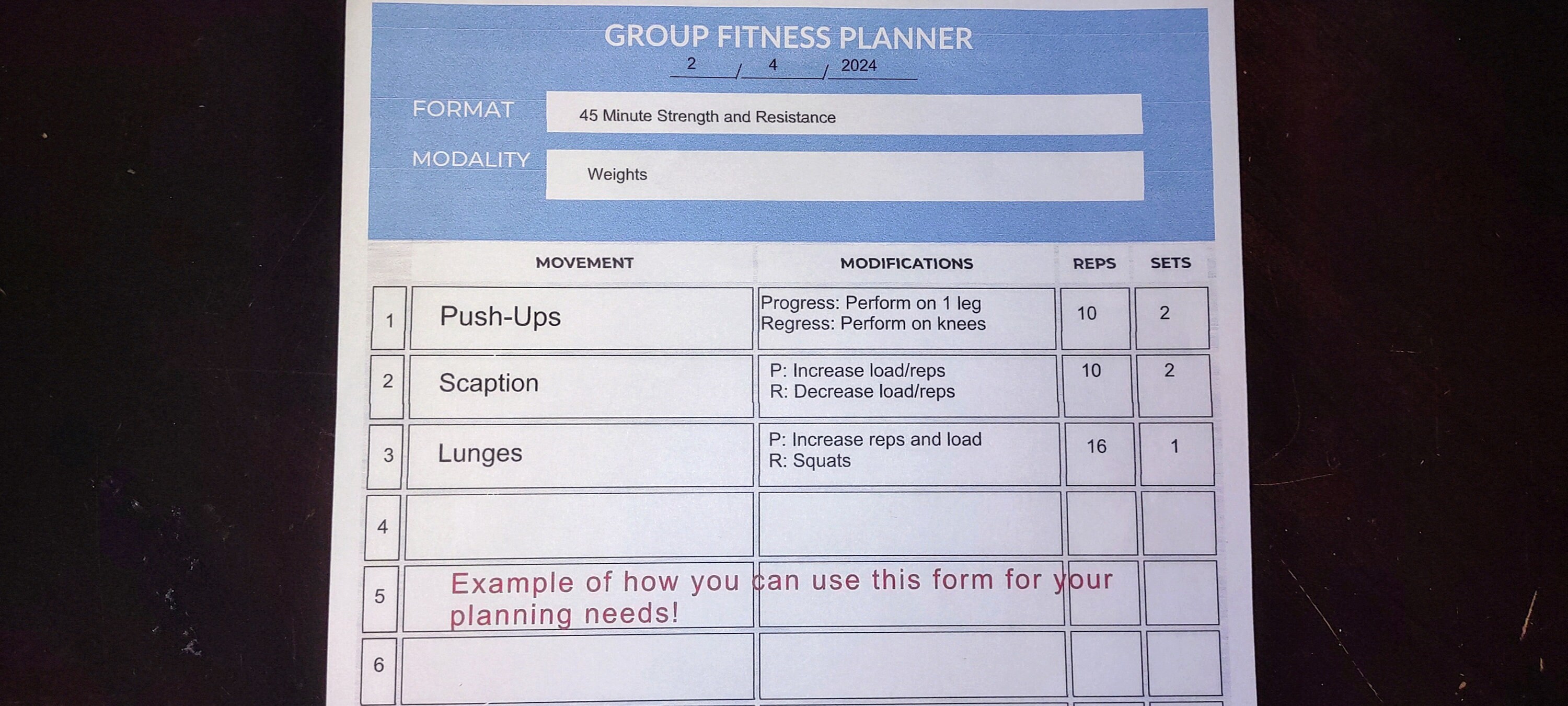 Group Fitness Lesson Plan Form - Etsy