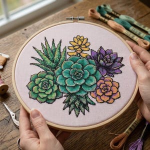 Puede incluir: Un bastidor de bordado circular de madera que contiene un patrón de punto de cruz de varias suculentas sobre tela rosa claro. El diseño presenta plantas verdes, amarillas y moradas dispuestas en un grupo con costuras detalladas.