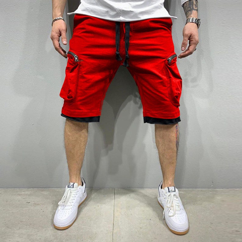 Men's Loose Shorts Multi-Pocket Style Streetwear Hip Cargo Short Red