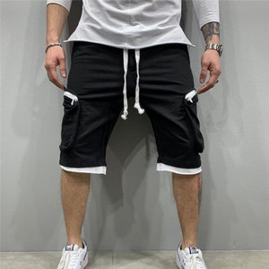 Men's Loose Shorts Multi-Pocket Style Streetwear Hip Cargo Short Black